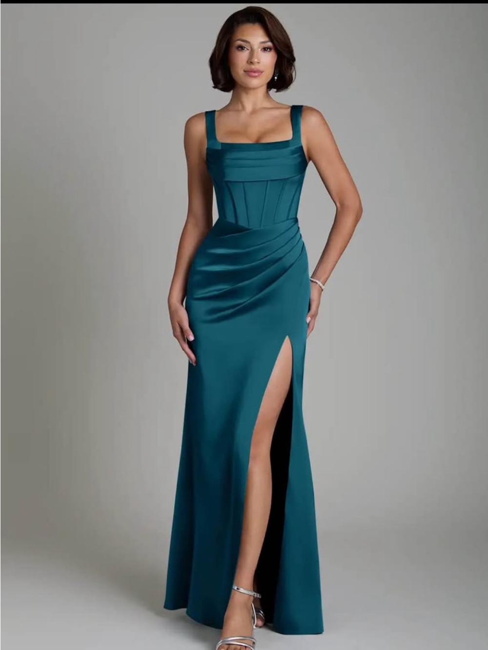 Azazie Teal Satin Maxi Dress with Side Slit